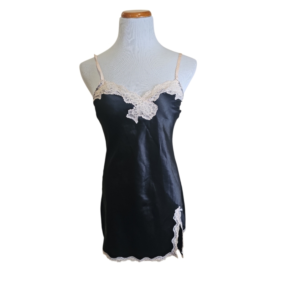 Victoria Secret Silky Satin Black & Light Pink Lace Mini Sexy Slip Dress